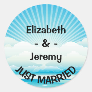 Personalized Just Married Blue Nautical Wedding Classic Round Sticker