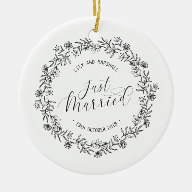 Personalized Just Married Floral Ceramic Ornament (Front)