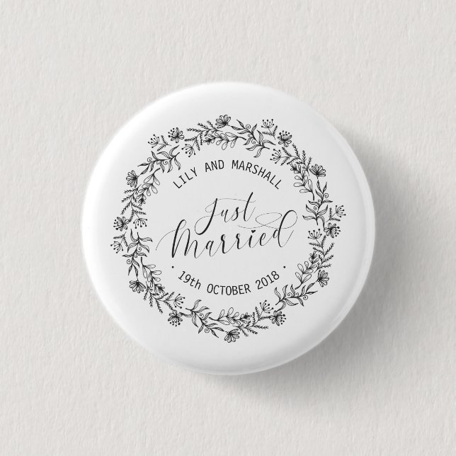 Personalized Just Married Floral | Pin Button (Front)