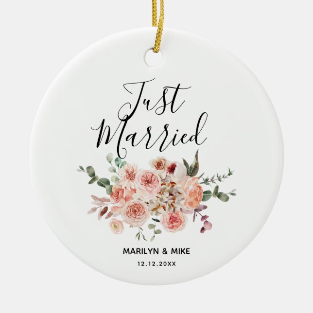 Personalized Just Married Peach Floral Ceramic Ornament (Front)