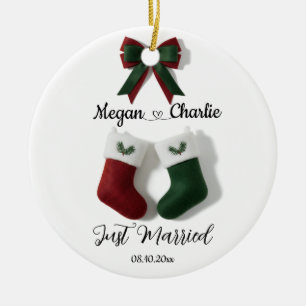 Personalized Just Married Red & Green Stockings Ceramic Ornament