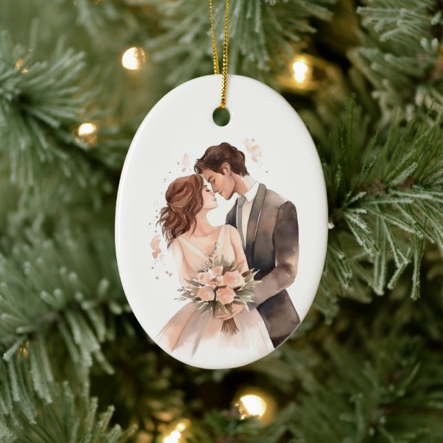 Personalized Just Married Wedding Couple Art Ceramic Ornament (Tree)