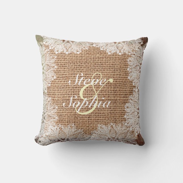 Personalized Jute Burlap and Lace Throw Pillow (Front)