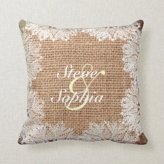 Personalized Jute Burlap and Lace Throw Pillow