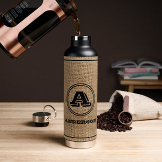 Personalized jute burlap rustic thermal tumbler  water bottle