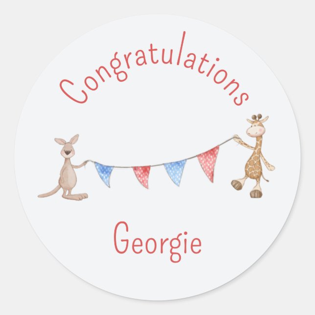 Personalized Kangaroo and Giraffe Congratulations Classic Round Sticker (Front)