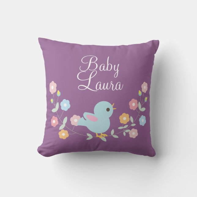 Personalized Kawaii Bird and Flowers Throw Pillow (Front)