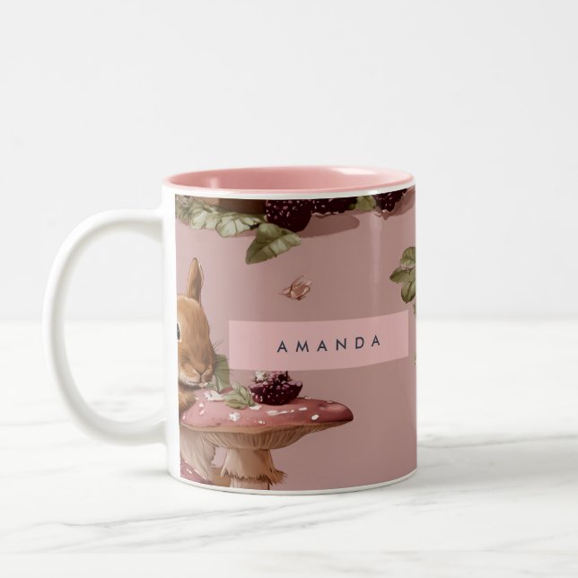 Personalized Kawaii Bunny & Berry Cupcake Pattern Two-Tone Coffee Mug (Left)