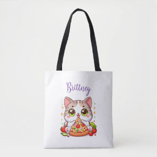 Personalized Kawaii Cat Eating Pizza Custom Tote Bag
