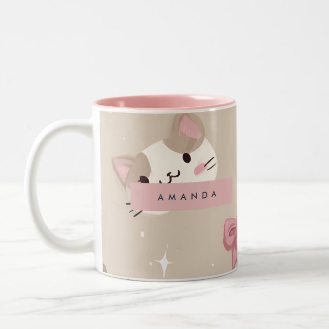 Personalized Kawaii Cat Face Pattern Two-Tone Coffee Mug (Left)