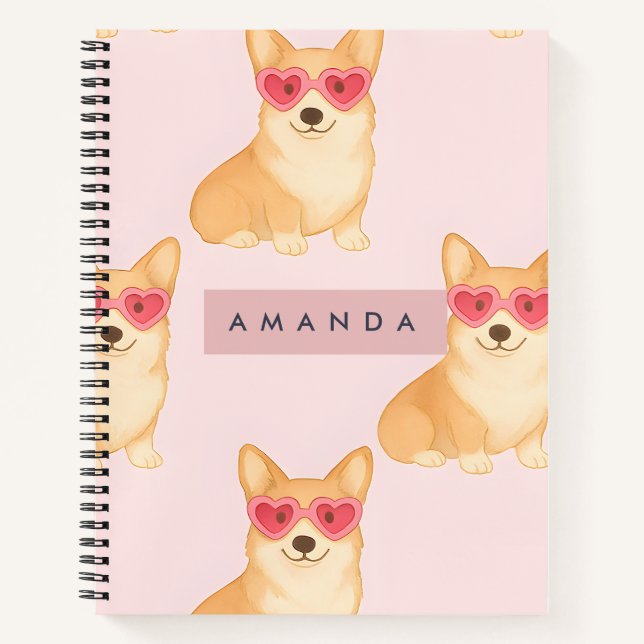 Personalized Kawaii Corgi with Heart Sunglasses Notebook (Front)