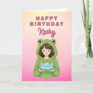 Personalized Kawaii Frog Hoodie Girl Birthday Card