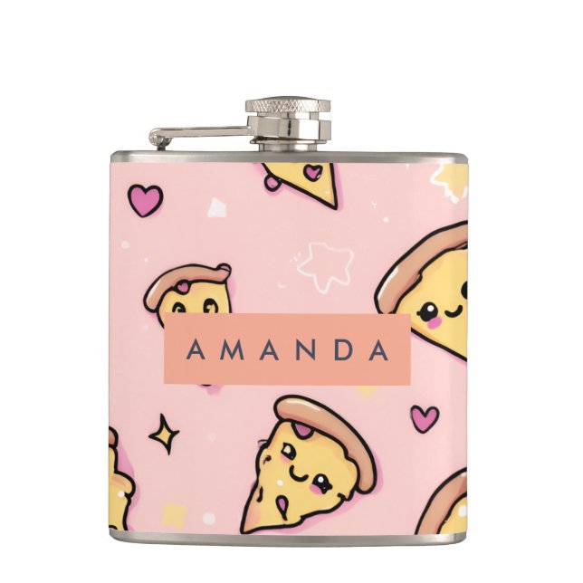 Personalized Kawaii Fun Pizza Slice Pattern Hip Flask (Front)