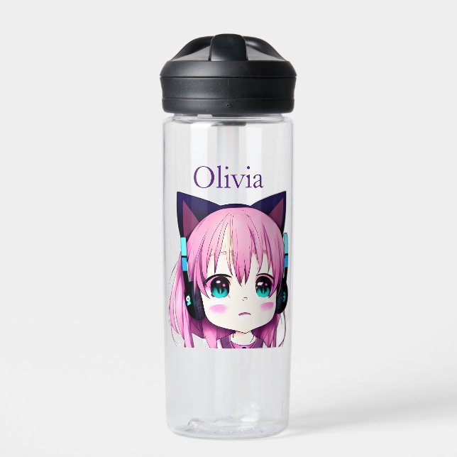 Personalized Kawaii Girl with Headphones on Water Bottle (Front)
