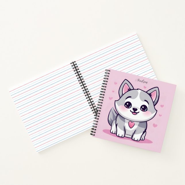 Personalized Kawaii Husky Puppy Pink Notebook (Inside)