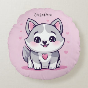 Personalized Kawaii Husky Puppy Pink Round Pillow