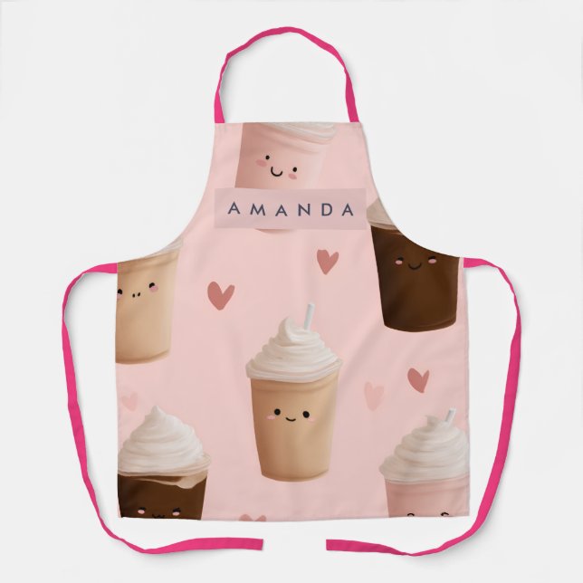 Personalized Kawaii Iced Coffee Pattern Apron (Front)