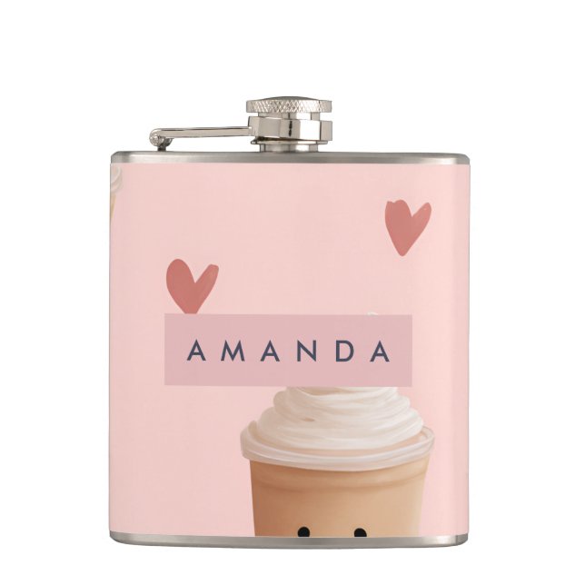 Personalized Kawaii Iced Coffee Pattern Hip Flask (Front)