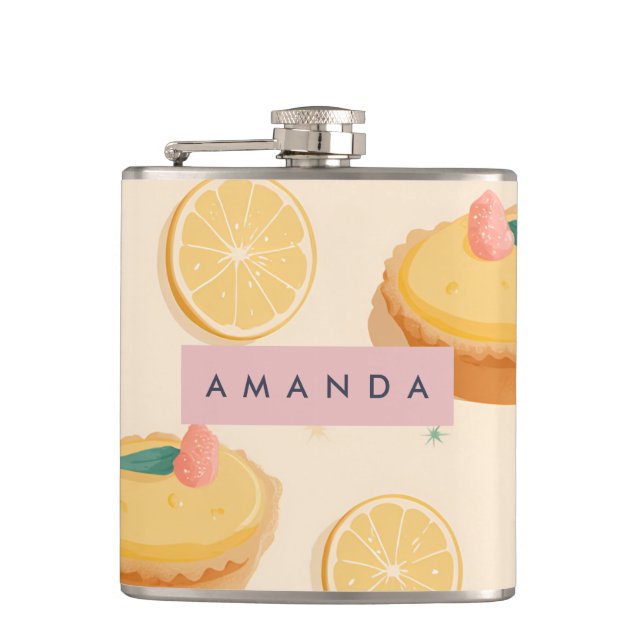 Personalized Kawaii Lemon Tart Pattern Hip Flask (Front)