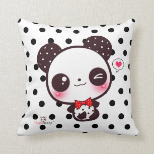 Personalized Kawaii panda on black polka dots Throw Pillow