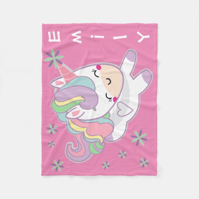 Personalized Kawaii Pastel Girly Unicorn Fleece Blanket (Front)