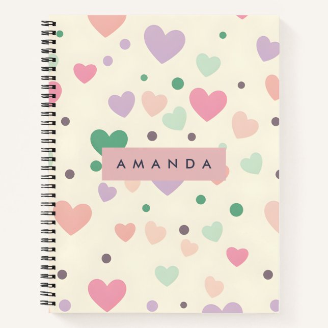 Personalized Kawaii Pastel Hearts & Dots Notebook (Front)
