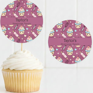 Personalized Kawaii Pink Purple Cupcake Topper Classic Round Sticker