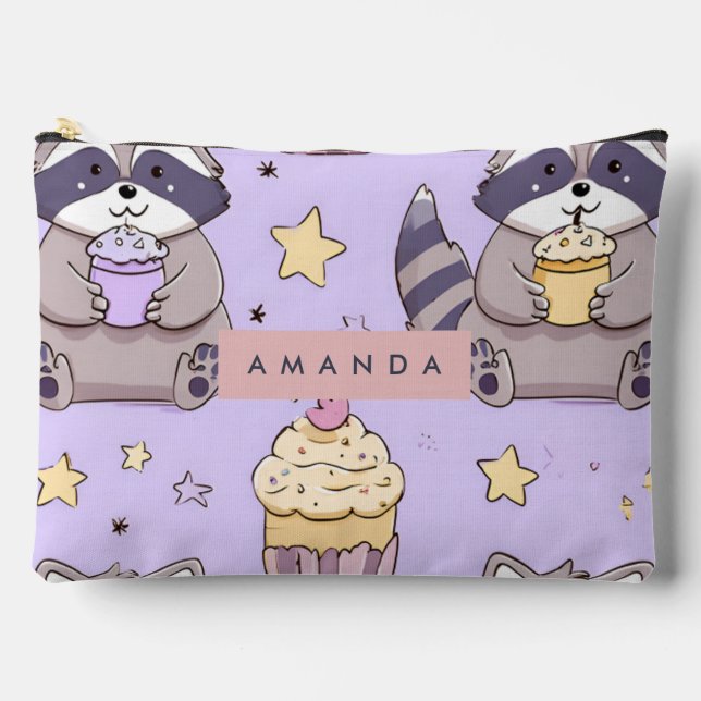 Personalized Kawaii Raccoons with Cupcakes Pattern Accessory Pouch (Front)