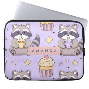 Personalized Kawaii Raccoons with Cupcakes Pattern Laptop Sleeve