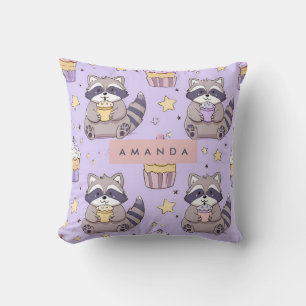 Personalized Kawaii Raccoons with Cupcakes Pattern Throw Pillow