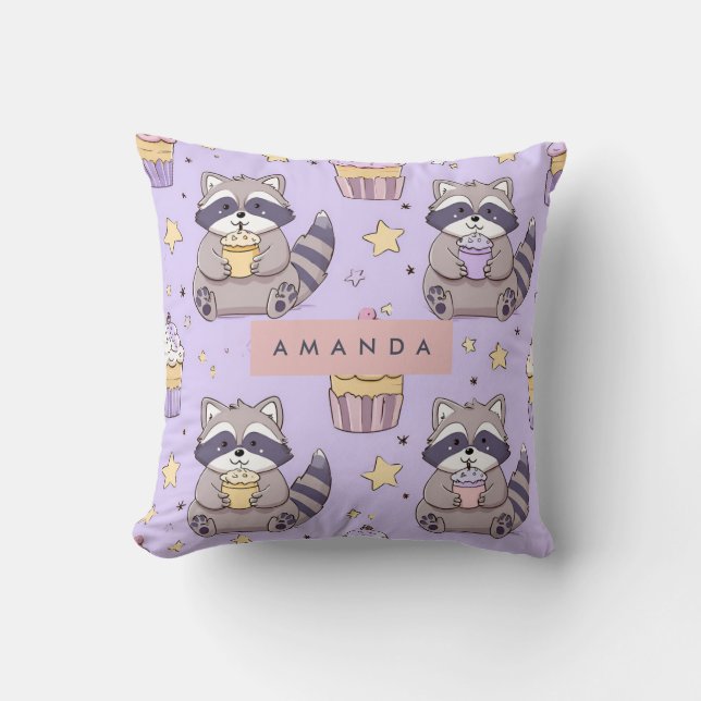 Personalized Kawaii Raccoons with Cupcakes Pattern Throw Pillow (Front)