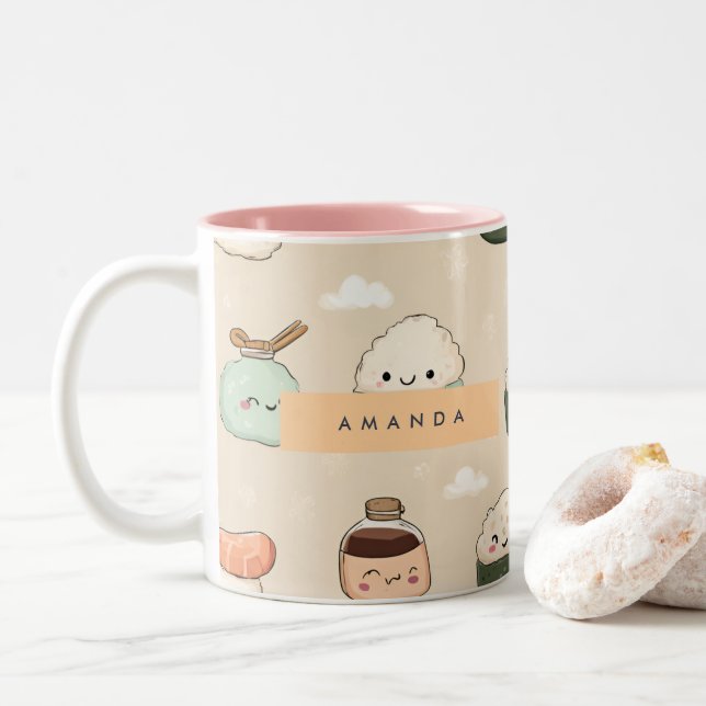 Personalized Kawaii Sushi Japanese Food Pattern Two-Tone Coffee Mug (With Donut)