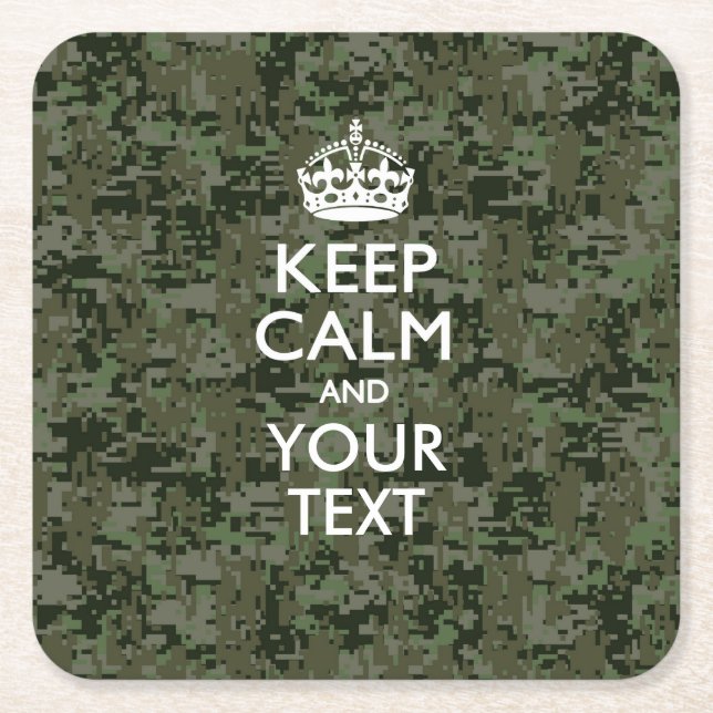 Personalized KEEP CALM AND Your Text Digital Camo Square Paper Coaster (Front)