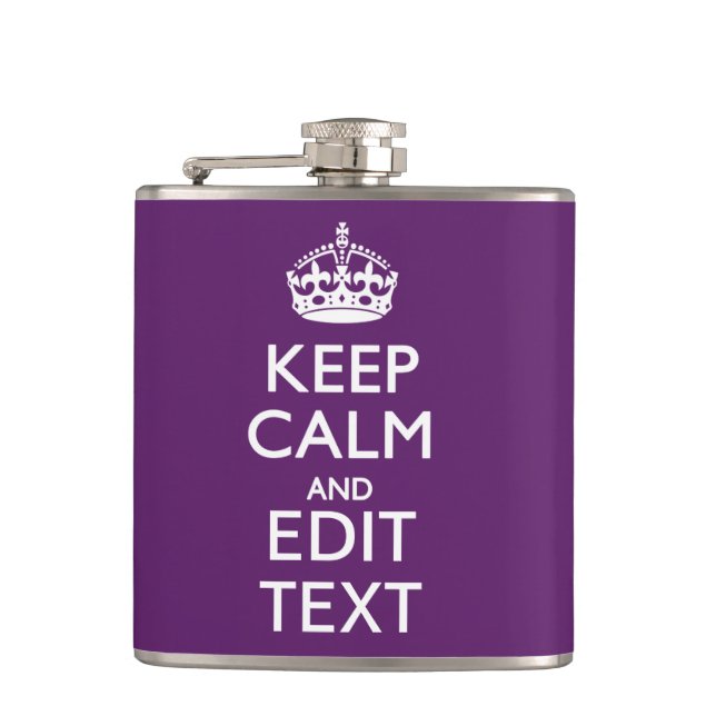 Personalized KEEP CALM AND Your Text on Purple Hip Flask (Front)