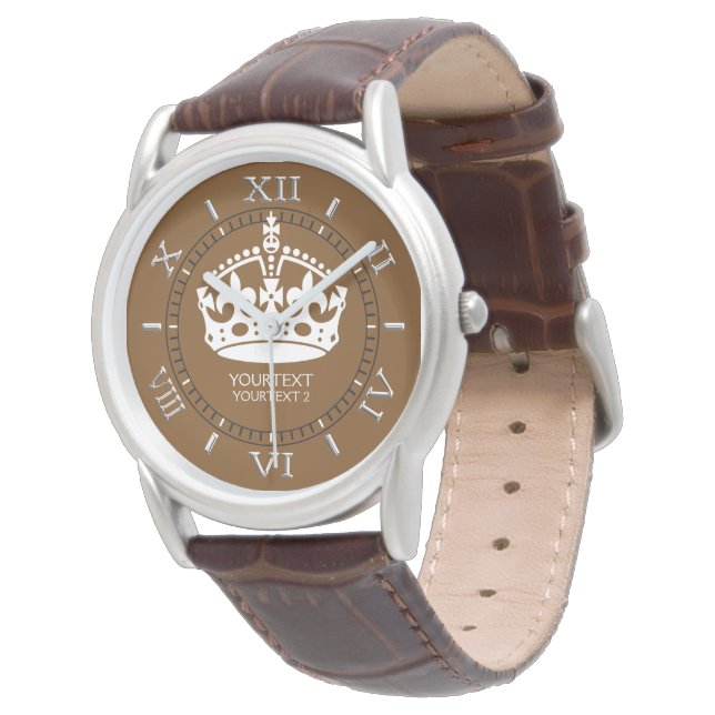 Personalized Keep Calm Crown on Chocolate Brown Watch (Angled)