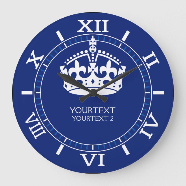 Personalized KEEP CALM Crown Text Navy Dial on a Large Clock (Front)