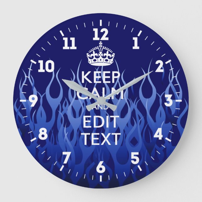 Personalized Keep Calm Have Your Text Blue Flames Large Clock (Front)