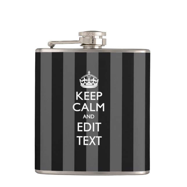 Personalized Keep Calm on Black Stripes Decor Hip Flask (Front)