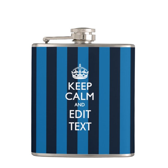 Personalized Keep Calm on Blue Stripes Decor Hip Flask (Front)