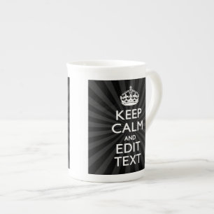 Personalized KEEP CALM Your Text Black Sunburst Bone China Mug