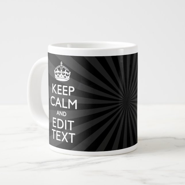 Personalized KEEP CALM Your Text Black Sunburst Large Coffee Mug (Front Left)