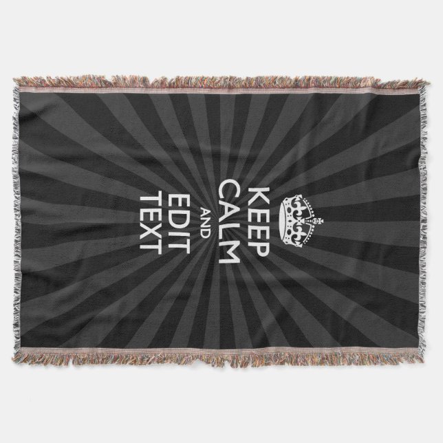 Personalized KEEP CALM Your Text Black Sunburst Throw Blanket (Front)