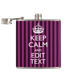Personalized KEEP CALM Your Text Fuchsia Stripes Hip Flask