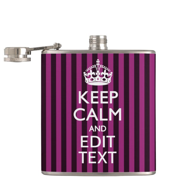 Personalized KEEP CALM Your Text Fuchsia Stripes Hip Flask (Opened)