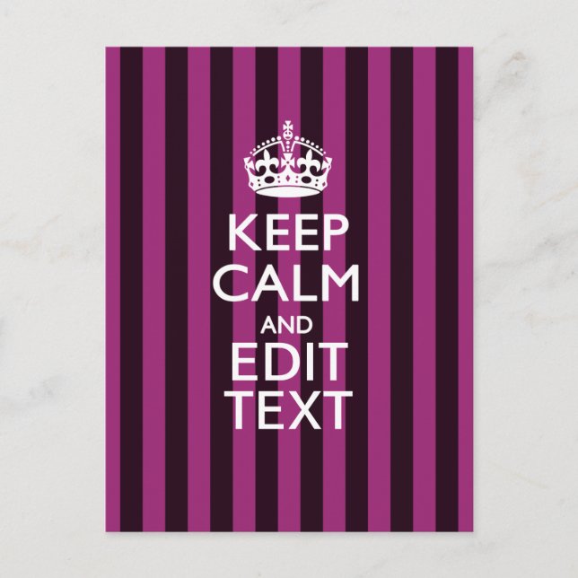 Personalized KEEP CALM Your Text Fuchsia Stripes Postcard (Front)