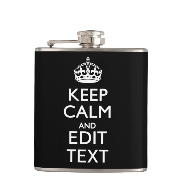 Personalized KEEP CALM Your Text on Black Hip Flask (Front)
