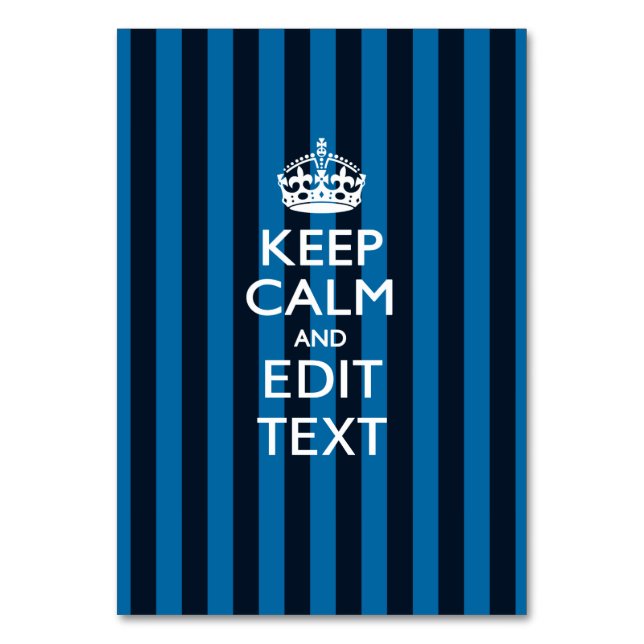 Personalized KEEP CALM Your Text on Blue Stripes Table Number (Front)
