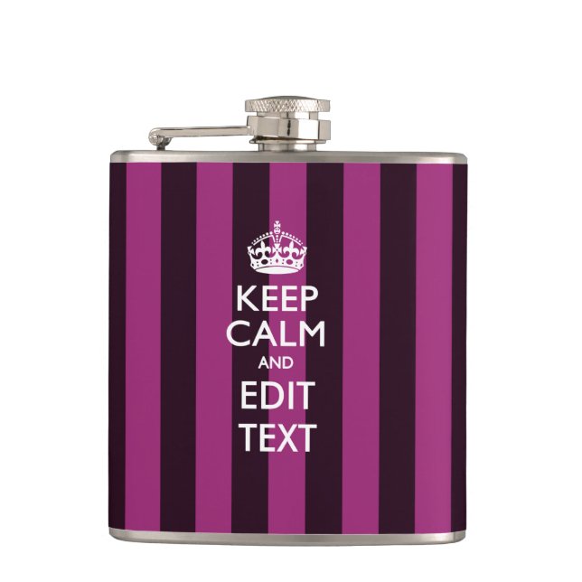 Personalized Keep Calm Your Text on Fuchsia Stripe Hip Flask (Front)