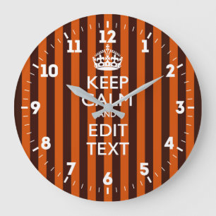 Personalized Keep Calm Your Text on Orange Stripes Large Clock