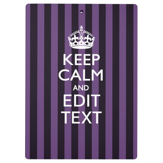 Personalized KEEP CALM Your Text on Purple Stripes Clipboard (Back)
